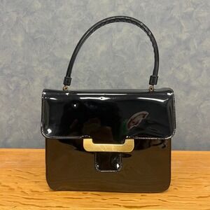 Crown Lewis Black Patent Leather Top Handle Bag Gold Accent‎ Vintage Small